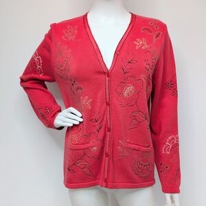 90s Y2K Watermelon Pink & Black Floral Embroidered Button Up Cardigan Sweater